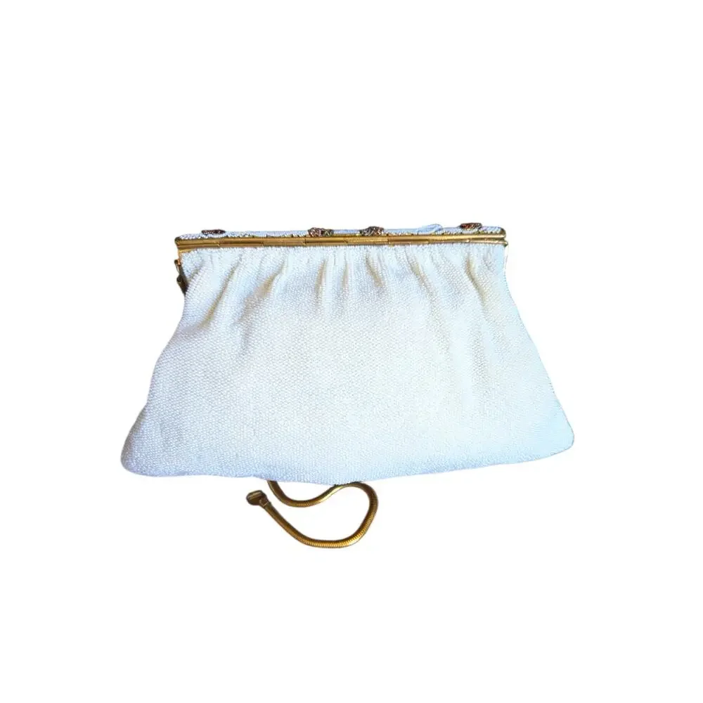 Vintage Rare Handmade E. Grillot Floral Beaded White Ivory Gold Clutch